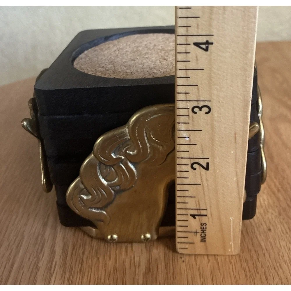 Vintage  Coaster‎ Set Black Wooden Cork Top Brass Unicorn Holder